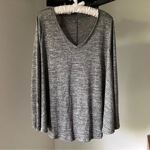Gray Flowy Long Sleeved V Neck Sweater Top